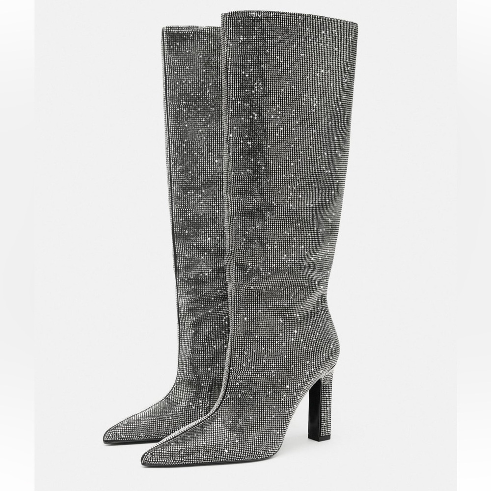 Zara heeled knee high boots with rhinestone. Brand new size 6.5